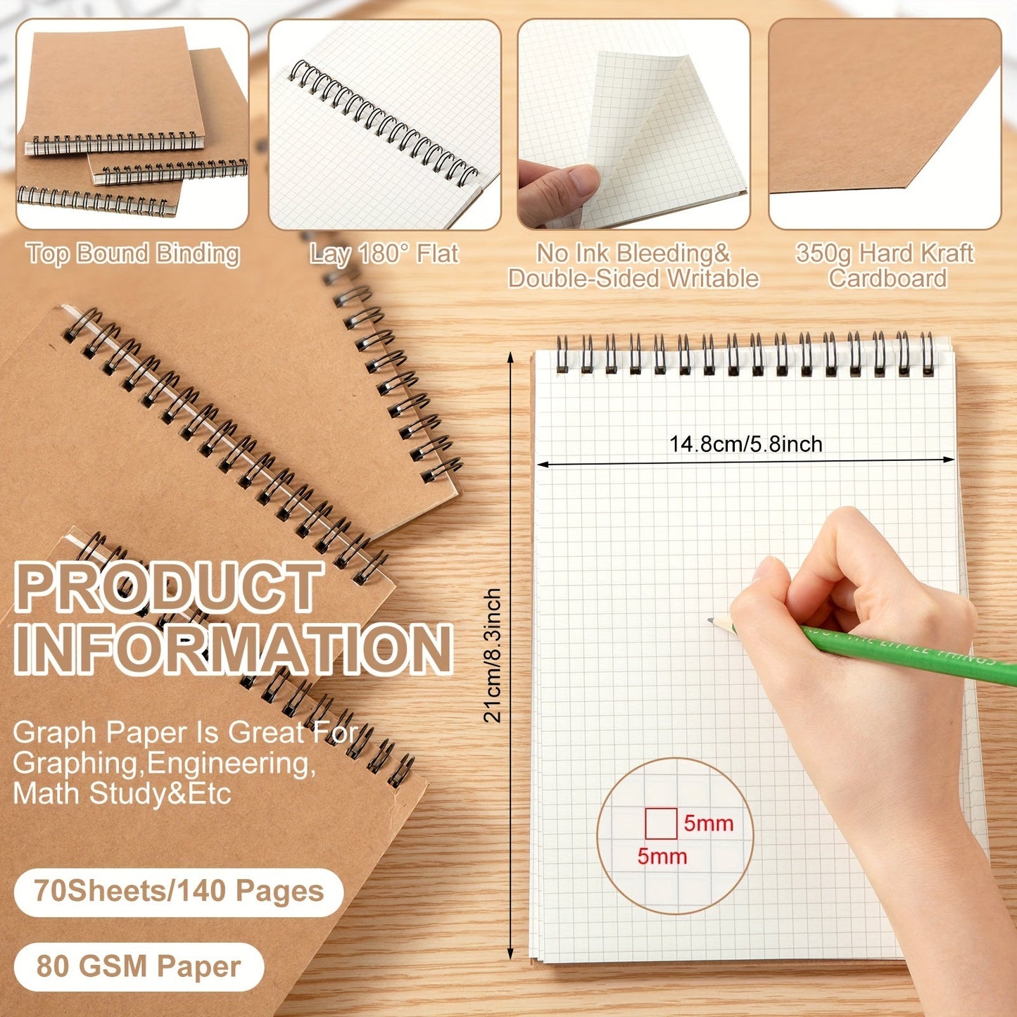 12 Pack A5 Top Wirebound Graph Paper Notepad Spiral Notebook 140 Pages for Writing, Sketching, Drawing, Office Supplies Memo Steno Pads Grid Notebook