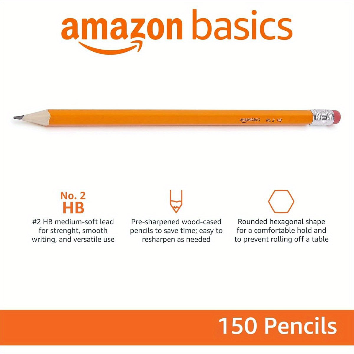 Wood- Cased # 2 Pencils, Pre- sharpened, HB Lead Bulk Box, 150 Count, Yellow